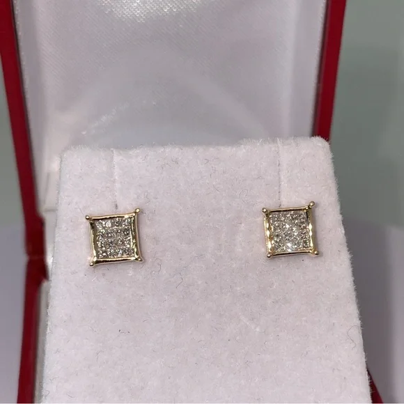 Solid Stamped 14K Yellow Gold Natural Diamond Stud Earrings Unisex Men Women